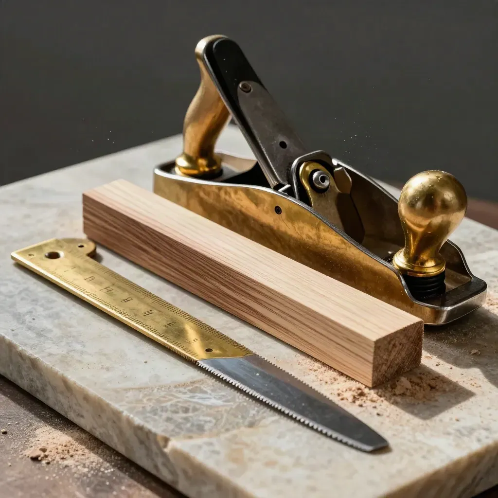 Brass try square, plane blade, walnut offcuts and a steel clamp on a dusted stone slab