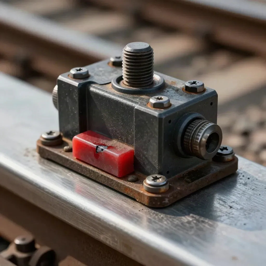 Macro of rail relay block, track bolt and gauge plate on brushed steel with ember-red spacer.