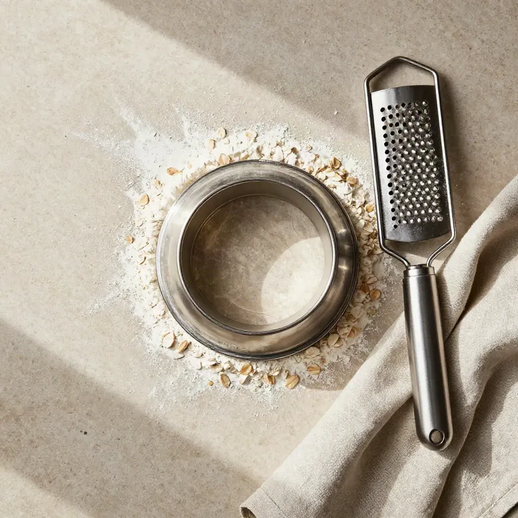 Pastry ring, microplane and linen on pale stone, dusted with flour in soft daylight.