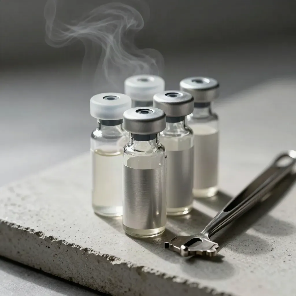 Sterile lab still life of glass vials, aluminum tubes, and forceps on concrete under cool dramatic light.