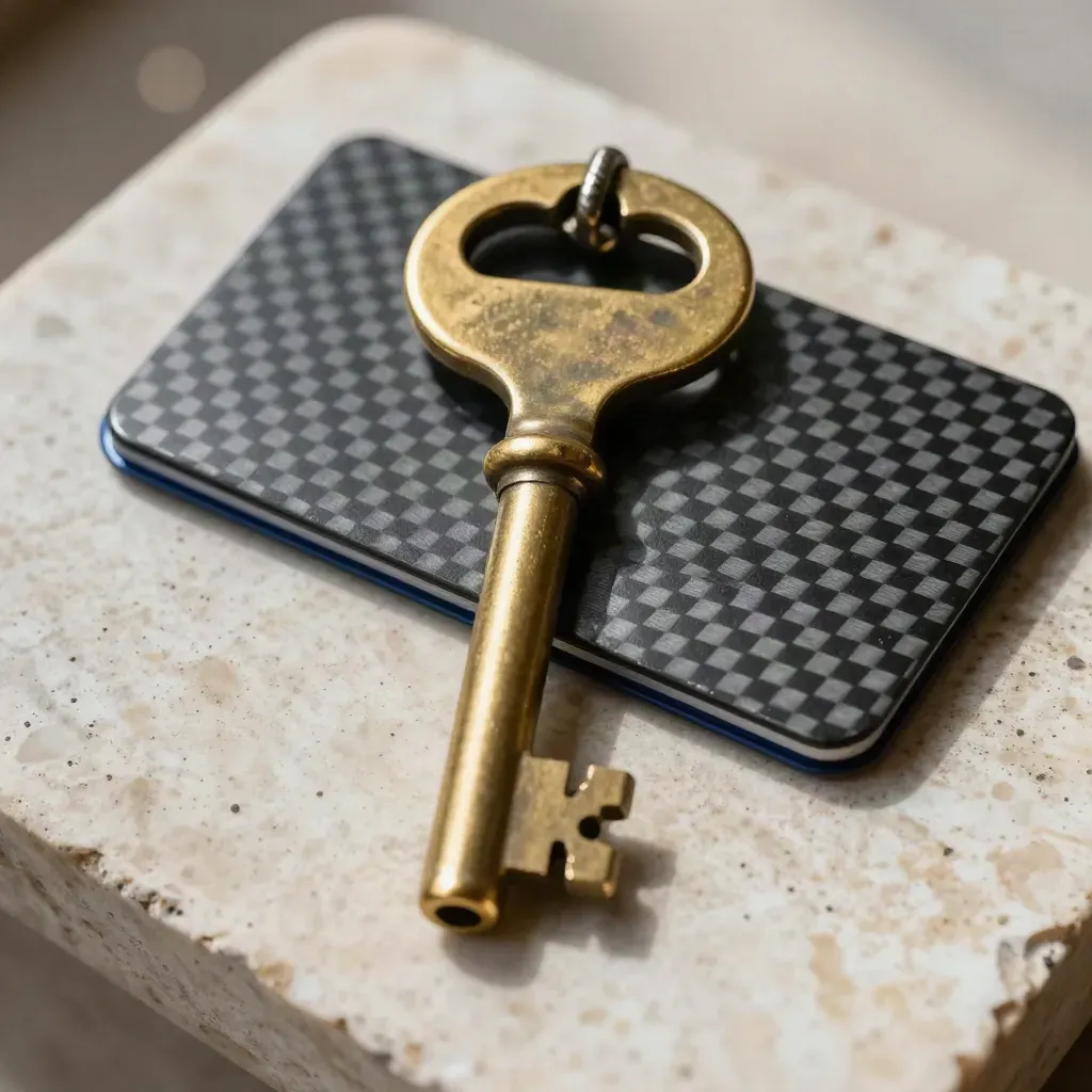 Brass key, vault latch plate, and carbon-fiber card sleeve on travertine.