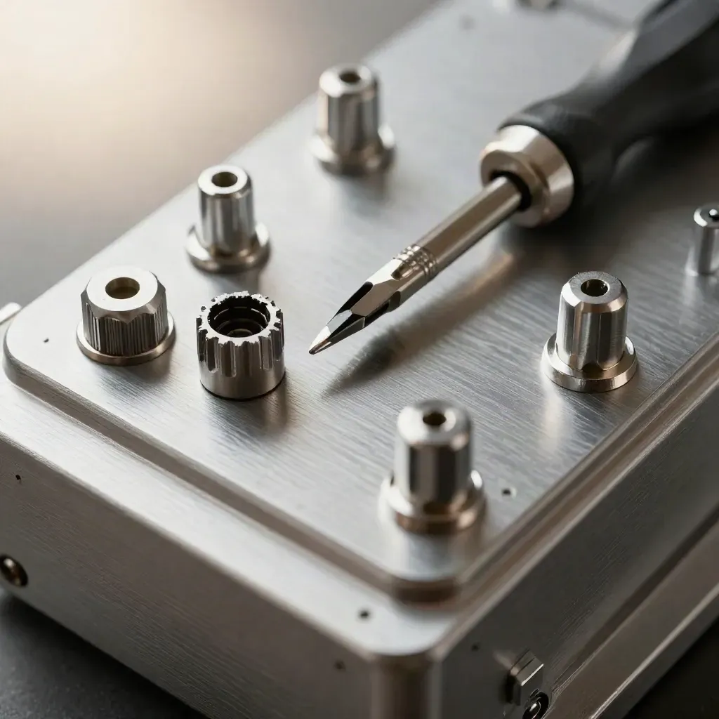 Top-down macro of an aluminum project enclosure, standoffs, screwdriver, and connector caps.