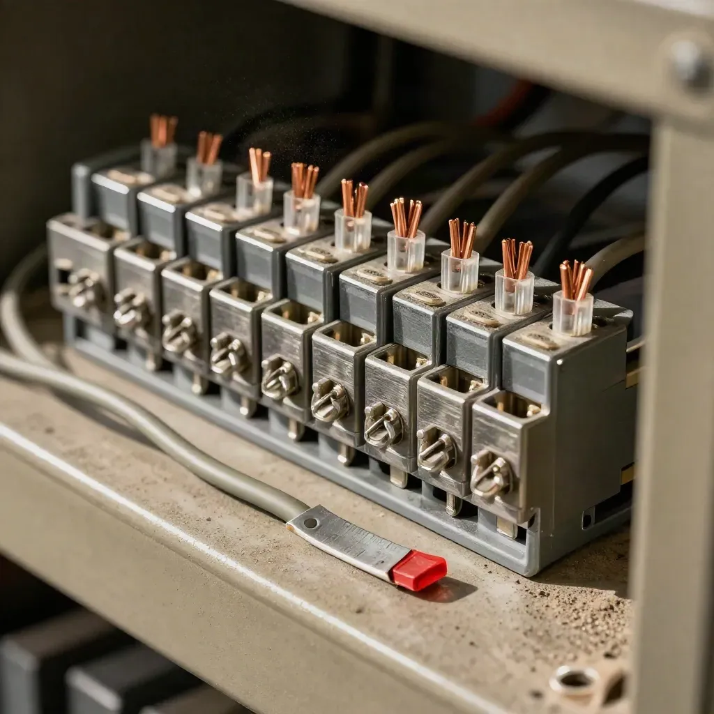 Terminal blocks and cable ferrules in a dim control cabinet, lit in dramatic macro.
