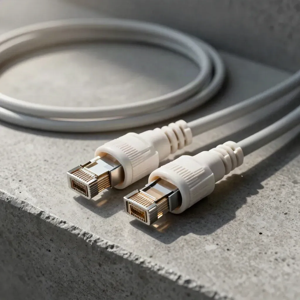 Ethernet couplers, fibre sleeves and grey patch cable on a graphite bench, lit in a clean macro close-up.