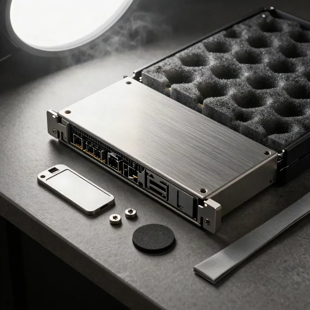 Server SSD tray, hardware token, and SFP module in a tight top-down macro on graphite kit foam.