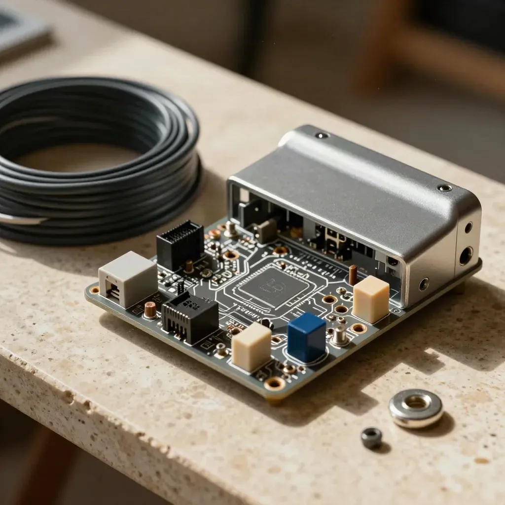 Prototype board, ribbon cable, and anodized enclosure shell in a dramatic studio still life.
