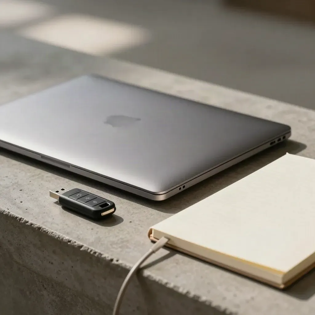 Closed laptop shell, prototype enclosure, USB key and notebook seen through a blurred cable coil.