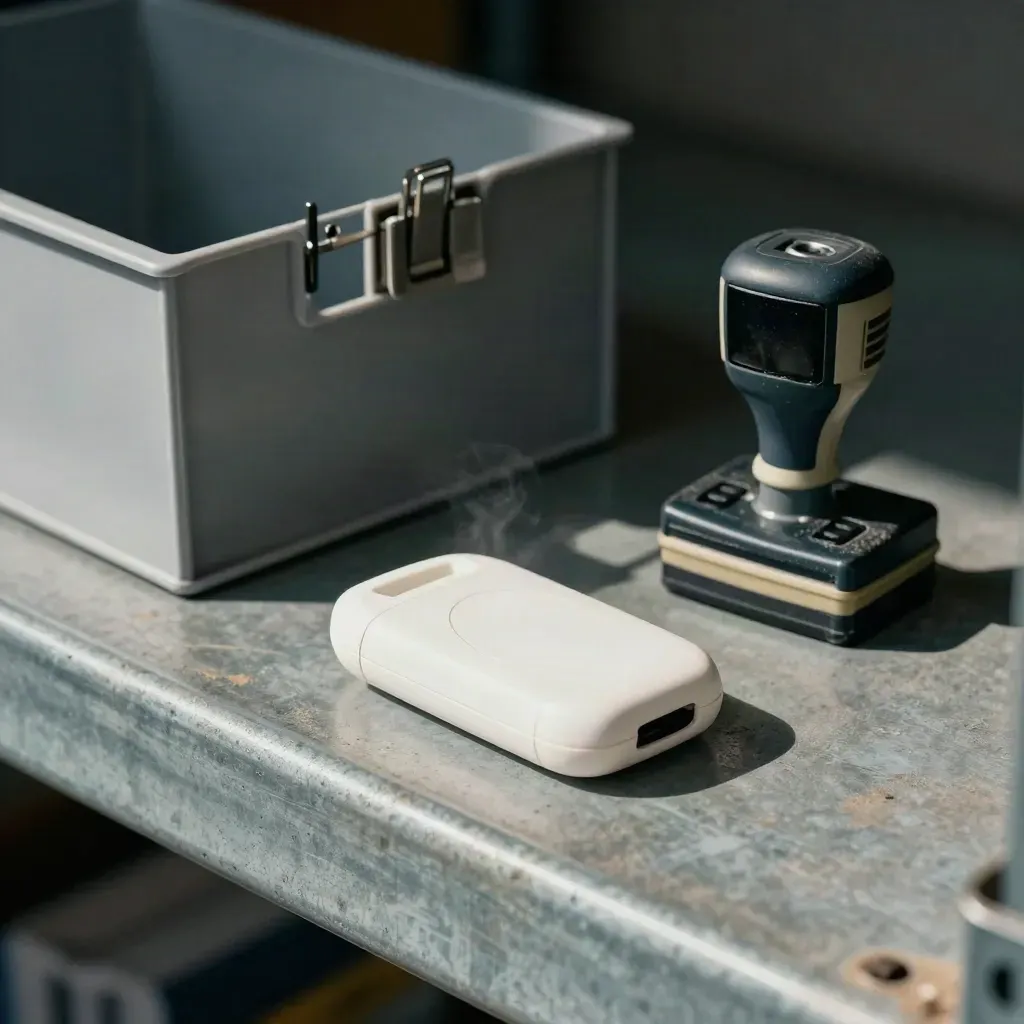 RFID fob, scanner cradle, bin divider and rubber stamp on a warehouse shelf, seen through a tray edge