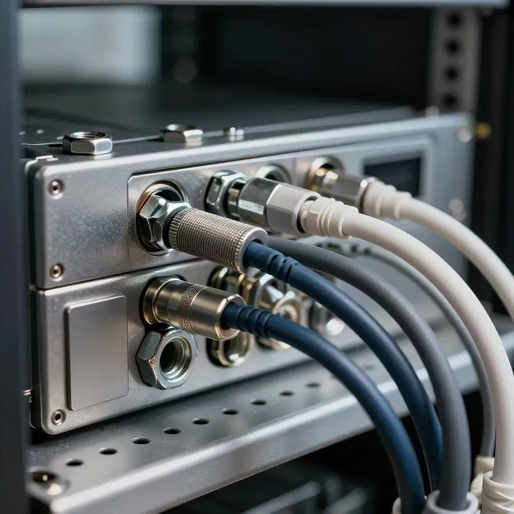 Macro of server rack hardware, patch leads and cage nuts seen through a blurred rail.