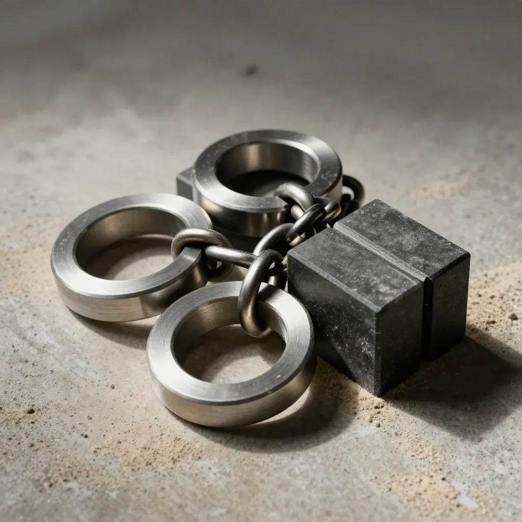Top-down still life of steel rings, connector chain and modular blocks on concrete