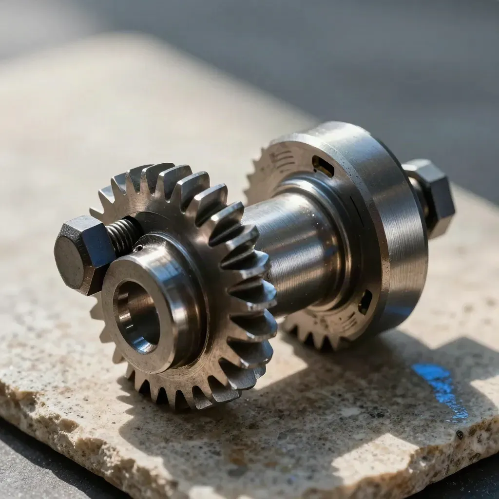Macro side view of meshing steel gears, hex bolts and a split aluminum spacer on limestone