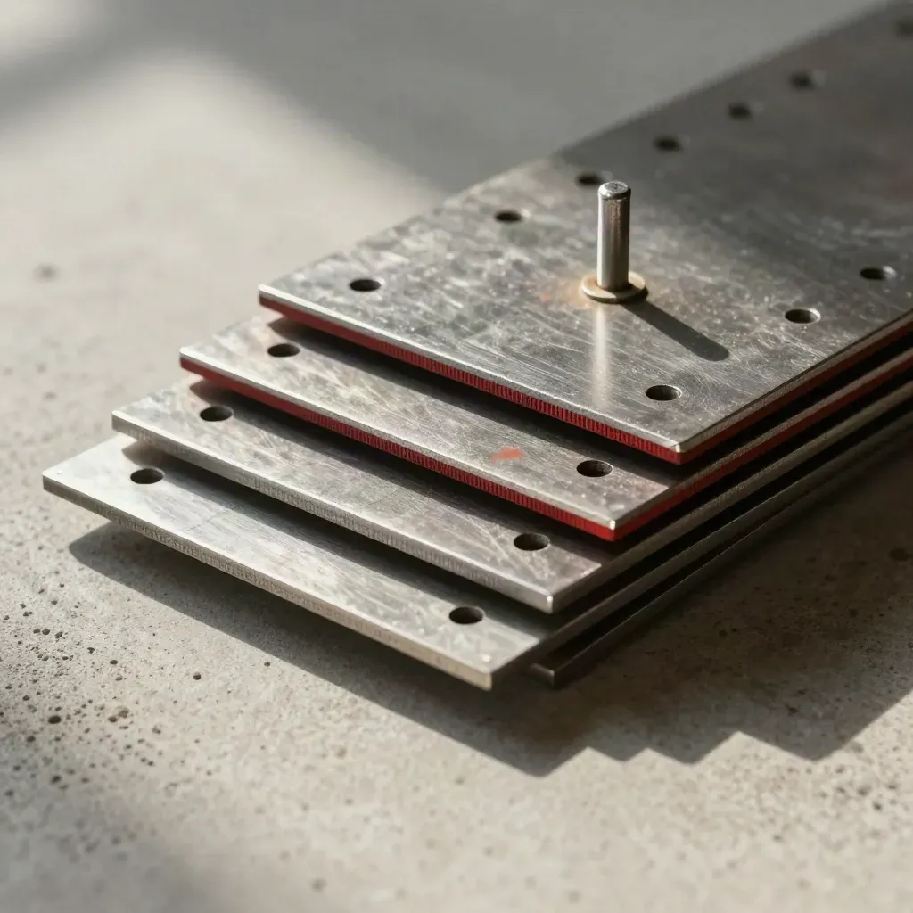 Overhead macro of steel alignment plates, tabs and a locator pin on concrete