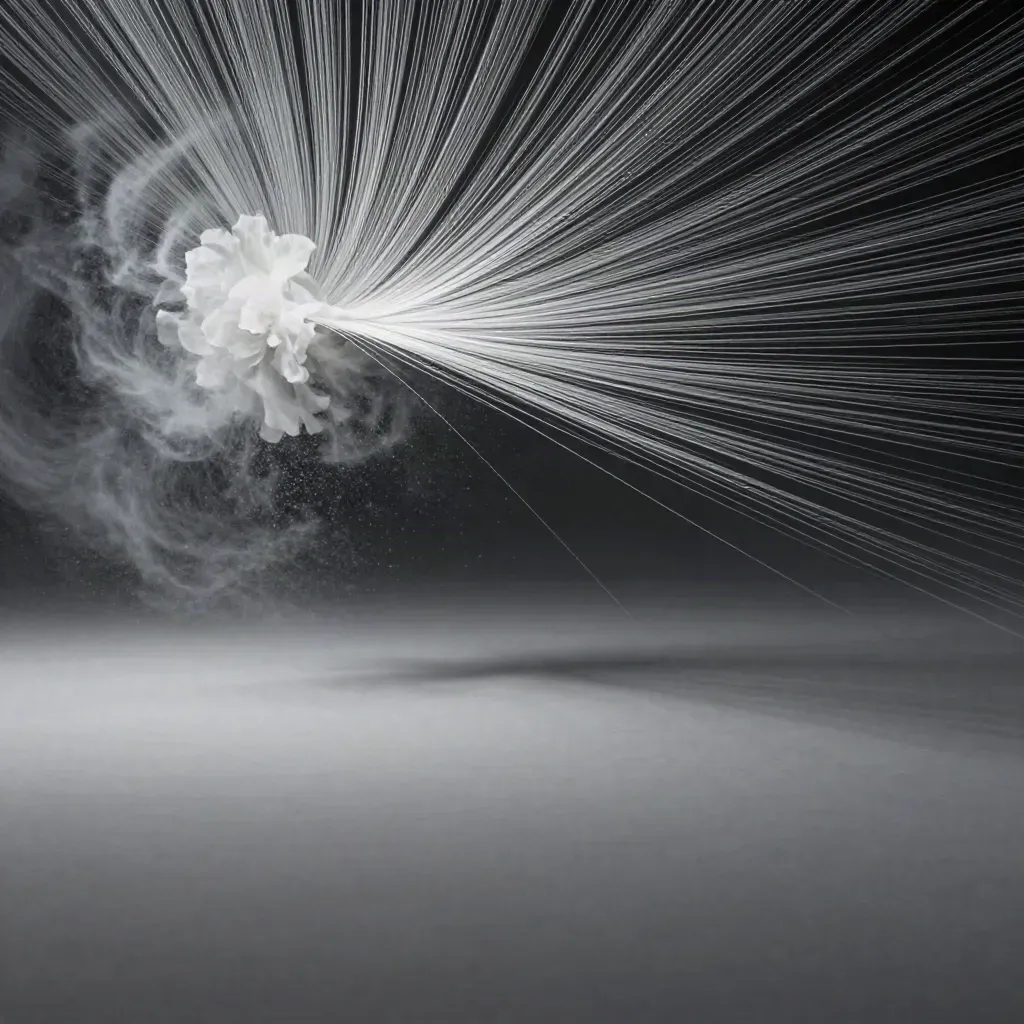 Silver particle streams bloom in a graphite void with calm copy space.
